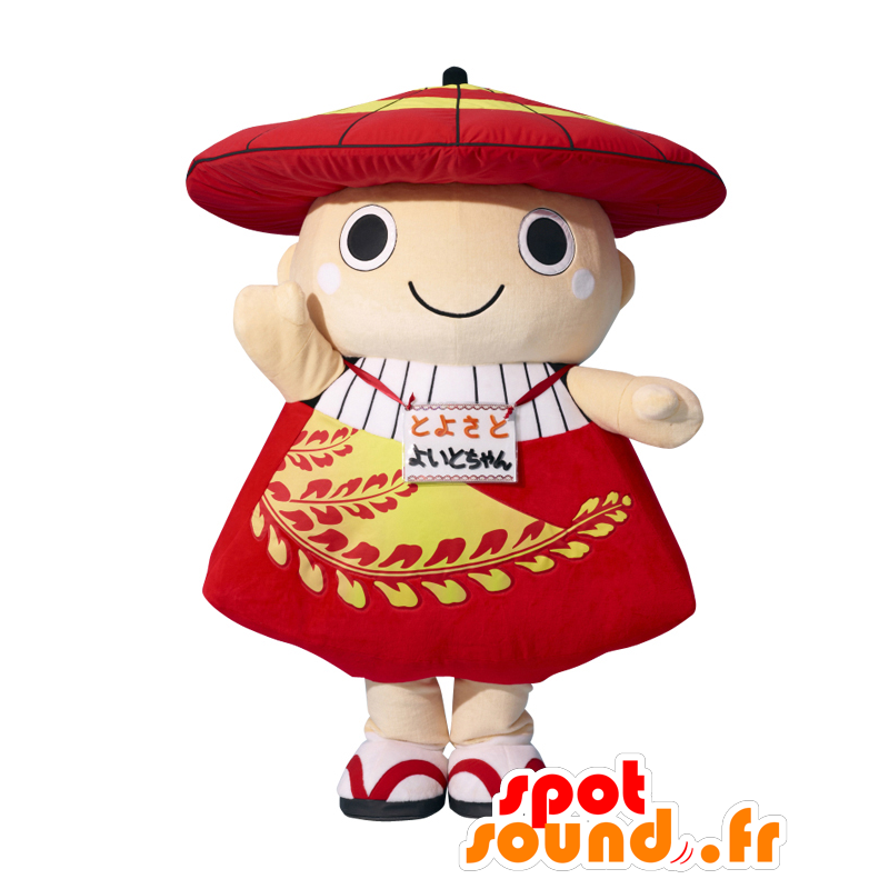 Mascotte de Yoito-chan, d'enfant asiatique en tenue rouge, jaune et blanche - MASFR25495 - Mascottes Yuru-Chara Japonaises