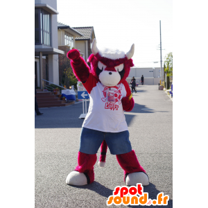 Stier mascotte, rood en wit buffels, alle harige - MASFR25496 - Yuru-Chara Japanse Mascottes