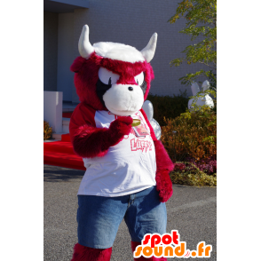 Sonni maskotti, punainen ja valkoinen Buffalo, kaikki karvainen - MASFR25496 - Mascottes Yuru-Chara Japonaises