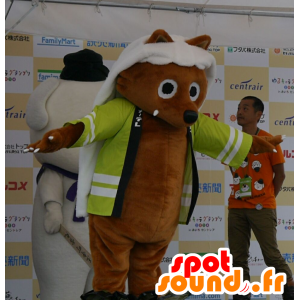 Braune Fuchs-Maskottchen mit einem gelben Jacke - MASFR25506 - Yuru-Chara japanischen Maskottchen