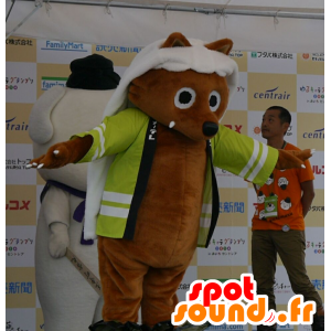 Brown volpe mascotte con una giacca gialla - MASFR25506 - Yuru-Chara mascotte giapponese