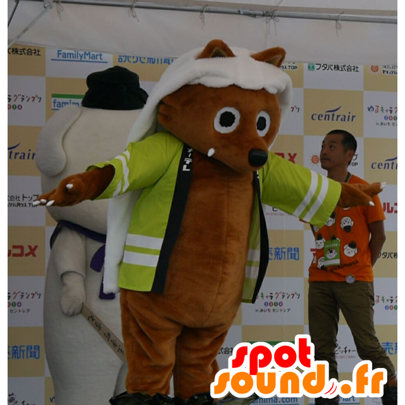 Brun fox maskot med en gul jakke - MASFR25506 - Yuru-Chara japanske Mascots