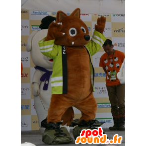 Mascotte de renard marron avec un gilet jaune - MASFR25506 - Mascottes Yuru-Chara Japonaises