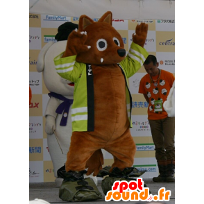 Brun fox maskot med en gul jakke - MASFR25506 - Yuru-Chara japanske Mascots