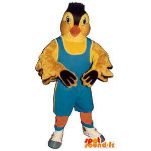Gul fuglemaskot i blå wrestler-outfit - Spotsound maskot kostume