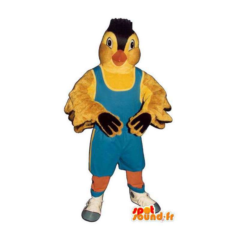 Gul fuglemaskot i blå wrestler-outfit - Spotsound maskot kostume
