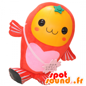 Taimi maskot, gul, rød og lyserød fisk, meget smilende -