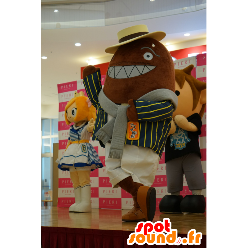 Mascotte de poisson marron, bien habillé, avec un large sourire - MASFR25524 - Mascottes Yuru-Chara Japonaises