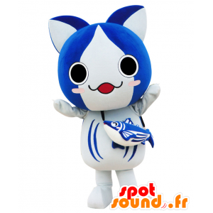 Bonito Nyanko mascotte, gatto bianco e blu con un pesce - MASFR25529 - Yuru-Chara mascotte giapponese