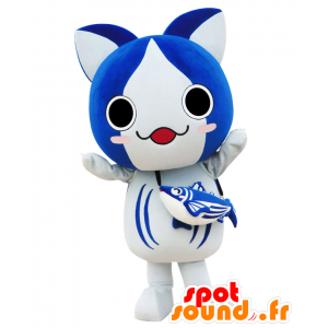 Mascotte de Bonito Nyanko, chat bleu et blanc, avec un poisson - MASFR25529 - Mascottes Yuru-Chara Japonaises