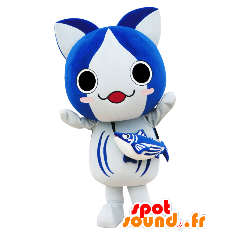 Mascote Bonito Nyanko, gato azul e branco com um peixe - MASFR25529 - Yuru-Chara Mascotes japoneses