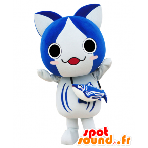 Bonito Nyanko mascotte, gatto bianco e blu con un pesce - MASFR25529 - Yuru-Chara mascotte giapponese