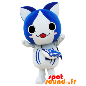 Bonito Nyanko maskot, blå och vit katt, med en fisk - Spotsound