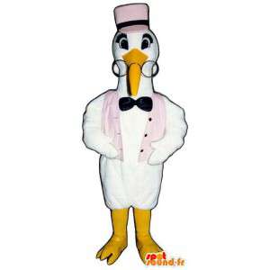 Witte ooievaar mascotte met een vest en een roze hoed - MASFR006794 - Mascot vogels