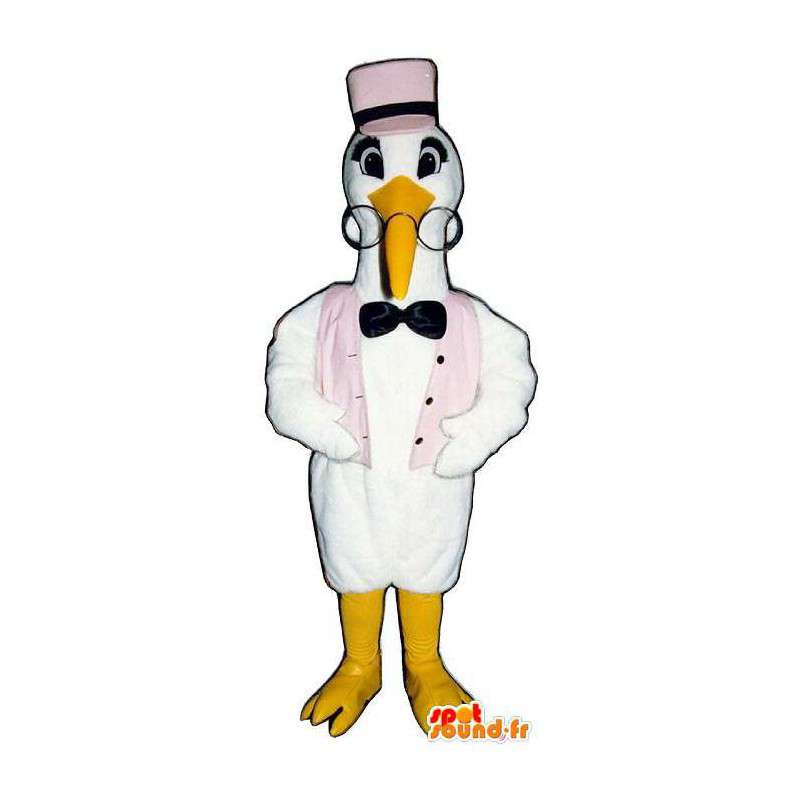 Mascot cigüeña blanca con un chaleco y un sombrero de color rosa - MASFR006794 - Mascota de aves