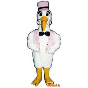 Mascot cigüeña blanca con un chaleco y un sombrero de color rosa - MASFR006794 - Mascota de aves
