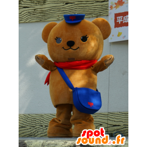 Mascotte de gros nounours marron, avec un sac et une casquette - MASFR25535 - Mascottes Yuru-Chara Japonaises