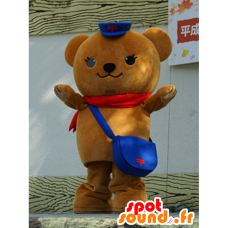 Big teddy bear mascot brown, with a bag and a cap - MASFR25535 - Yuru-Chara Japanese mascots
