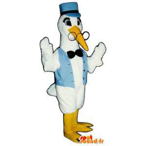 Bílý čáp maskot v modré vestě, s brýlemi - MASFR006795 - maskot ptáci