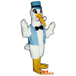 Mascotte de cigogne blanche en gilet bleu, avec des lunettes - MASFR006795 - Mascotte d'oiseaux