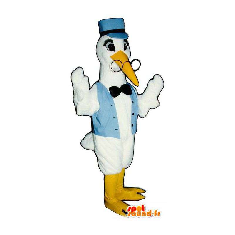 Mascotte cicogna bianca in maglia blu, con gli occhiali - MASFR006795 - Mascotte degli uccelli