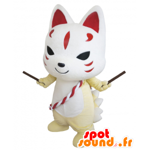 Mascot Kyuubii, witte kat, geel en rood - MASFR25544 - Yuru-Chara Japanse Mascottes