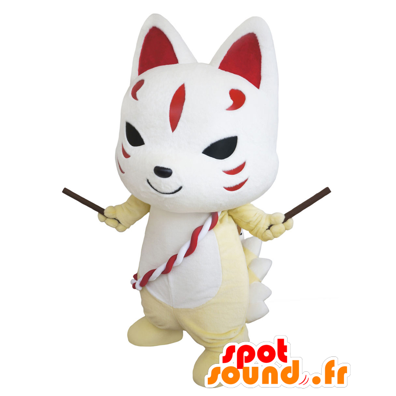 Kyuubii Maskottchen, weiße Katze, gelb und rot - MASFR25544 - Yuru-Chara japanischen Maskottchen