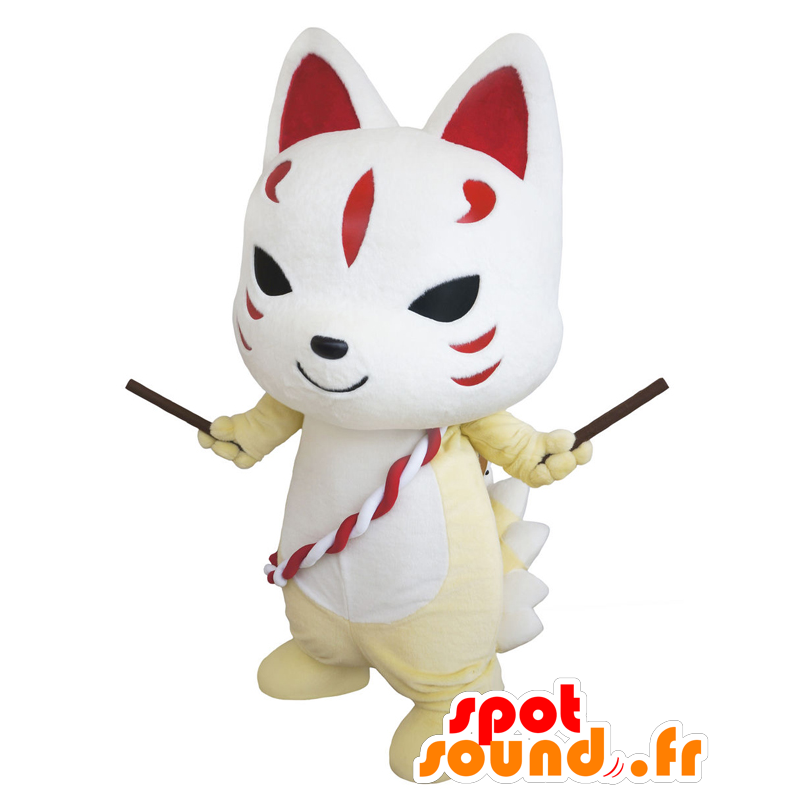 Mascot Kyuubii, witte kat, geel en rood - MASFR25544 - Yuru-Chara Japanse Mascottes