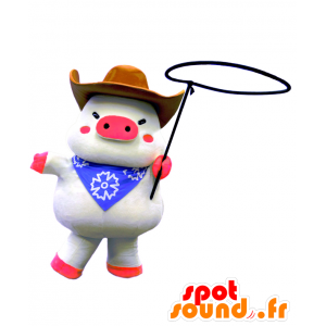 Mascot Kobe Weston, valkoinen sika, pukeutunut cowboy - MASFR25545 - Mascottes Yuru-Chara Japonaises