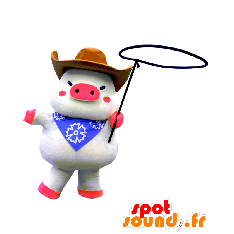 Mascotte de Kobe Weston, cochon blanc, en tenue de cow-boy - MASFR25545 - Mascottes Yuru-Chara Japonaises