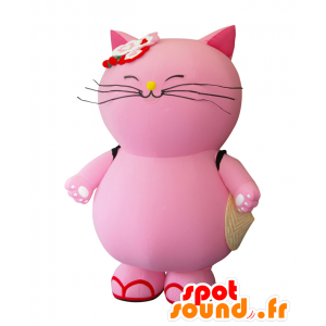 Mascotte de Pokanyan, gros chat rose, géant et souriant - MASFR25546 - Mascottes Yuru-Chara Japonaises