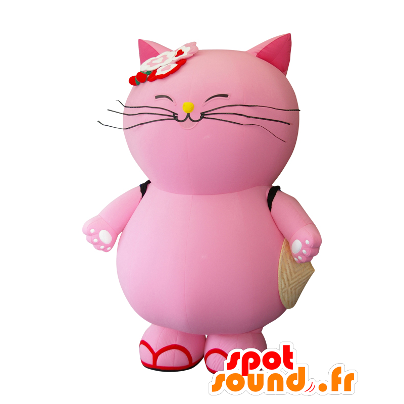 Mascotte de Pokanyan, gros chat rose, géant et souriant - MASFR25546 - Mascottes Yuru-Chara Japonaises