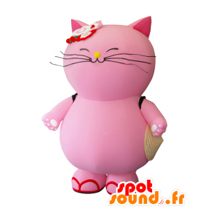 Mascotte de Pokanyan, gros chat rose, géant et souriant - MASFR25546 - Mascottes Yuru-Chara Japonaises