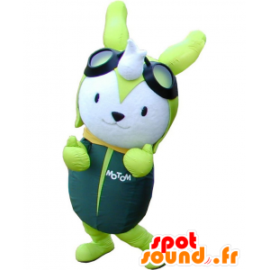 Mascotte Motom-kun, coniglio bianco e verde in abito aviatore - MASFR25549 - Yuru-Chara mascotte giapponese