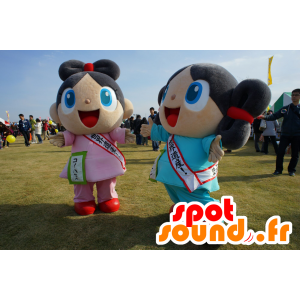 2 mascotes meninas, um rosa e um azul, muito sorridente - MASFR25557 - Yuru-Chara Mascotes japoneses