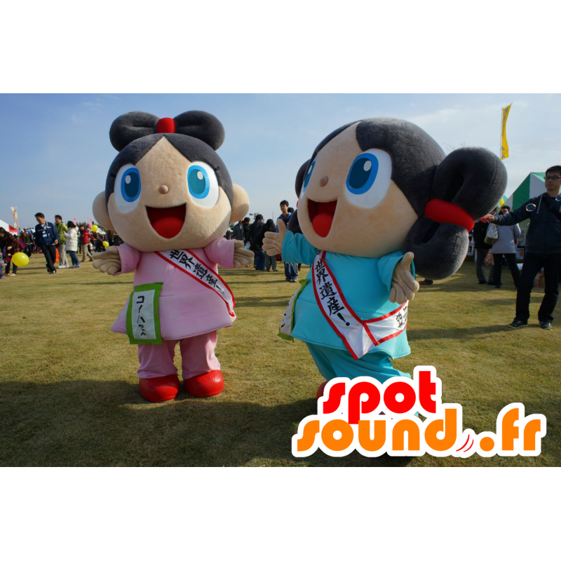 2 maskotteja tyttöä, yksi vaaleanpunainen ja yksi sininen, erittäin hymyilevä - MASFR25557 - Mascottes Yuru-Chara Japonaises