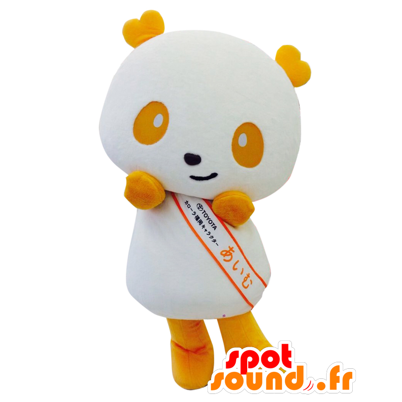 Aimu-kun maskot, hvid og gul panda, realistisk og farverig -