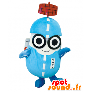 Mascotte de Soramani, bonhomme bleu et blanc avec un satellite - MASFR25576 - Mascottes Yuru-Chara Japonaises