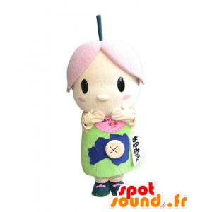 Mascotte de Mayumi-chan, bonhomme rose, vert et bleu, de fleur - MASFR25581 - Mascottes Yuru-Chara Japonaises