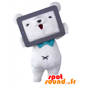Mascotte de NyNaviBear, nounours blanc, avec une tablette tactile - MASFR25587 - Mascottes Yuru-Chara Japonaises