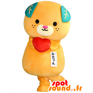 Mascot Mikyan, laranja urso de pelúcia, com folhas e um coração - MASFR25601 - Yuru-Chara Mascotes japoneses