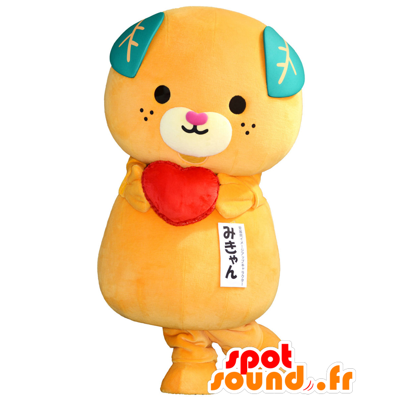 Mikyan mascot, orange teddy with leaves and a heart - MASFR25601 - Yuru-Chara Japanese mascots
