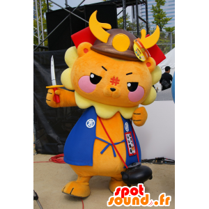 Shibushi Shishimaru maskot, orange, gul och blå lejongröngöling