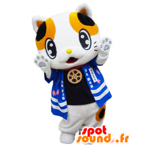 Garasuke maskot, tricolor katt, klädd i blått - Spotsound maskot