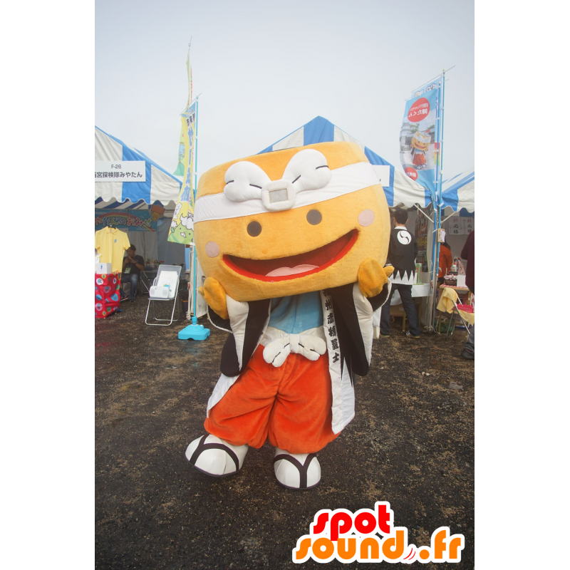 Orange snowman mascot, smiling, holding colorful - MASFR25634 - Yuru-Chara Japanese mascots