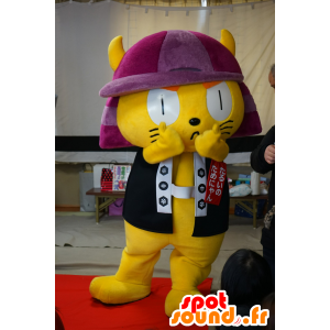 Mascotte de chat samouraï jaune, avec un casque violet - MASFR25640 - Mascottes Yuru-Chara Japonaises