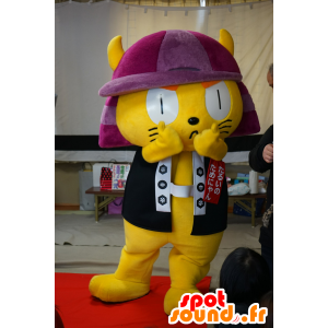 Giallo gatto mascotte samurai con un casco viola - MASFR25640 - Yuru-Chara mascotte giapponese