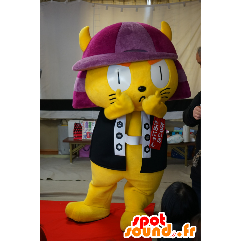 Amarelo samurai mascote gato com um capacete roxo - MASFR25640 - Yuru-Chara Mascotes japoneses