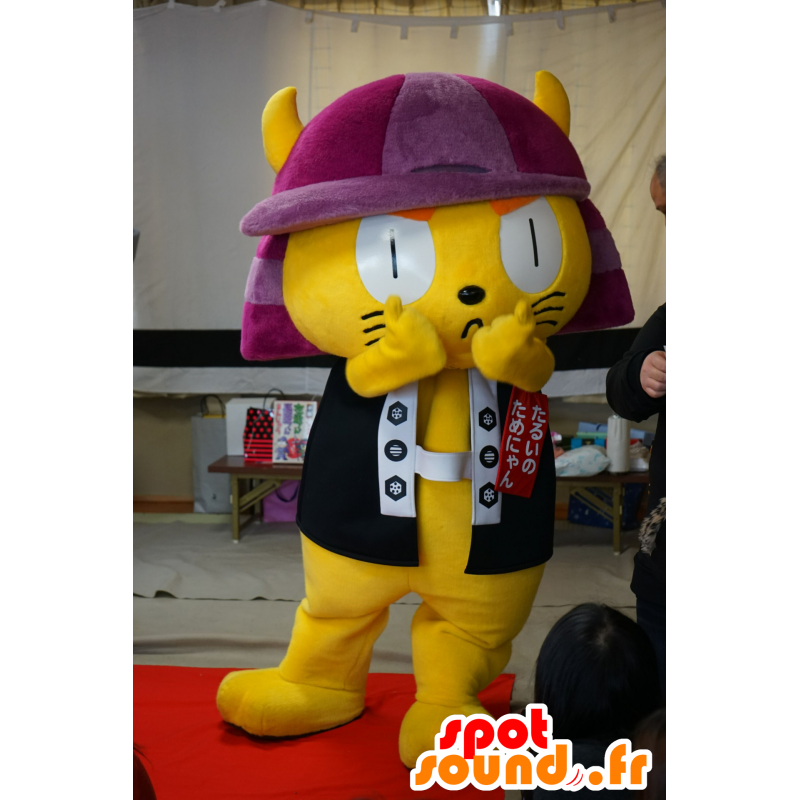 Žlutá kočka maskot samuraj s fialovým přilbou - MASFR25640 - Yuru-Chara japonské Maskoti