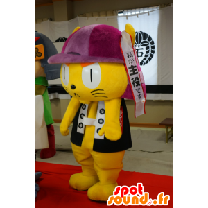 Amarelo samurai mascote gato com um capacete roxo - MASFR25640 - Yuru-Chara Mascotes japoneses